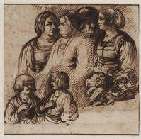 KT 2006 144
<br/>
Schetsblad met figuren ten halven lijve en struikgewas
<br/>
<em>Goudt, Hendrik (1585-1630) - attr.</em>